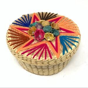 Mexico Covered Lidded Basket Bright Embroidered